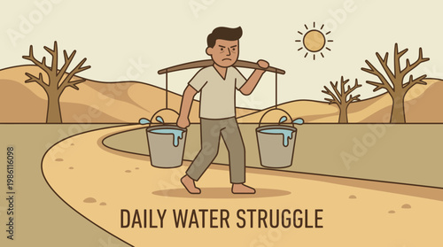 Daily Water Struggle: A person carries buckets of water under the scorching sun, depicting the hardship of water scarcity in an arid region. The image is an illustration.