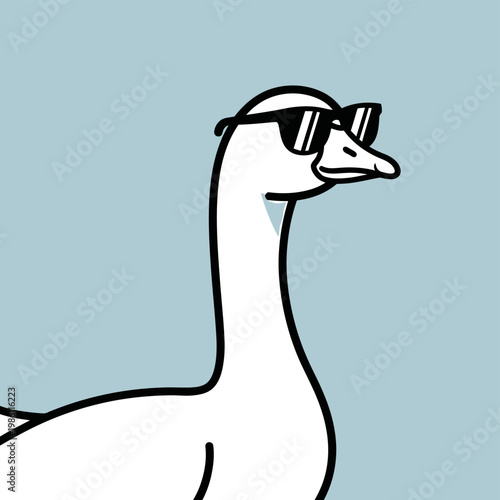 Cool cartoon goose illustration with trendy sunglasses on a light blue background, depicting a humorous and relaxed animal character