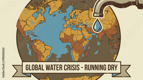 Global Water Crisis: A striking illustration of Earth with a dripping faucet. The image conveys the urgency of dwindling water resources.