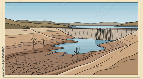 Water Scarcity: A stark illustration depicts the harsh reality of drought, with a receding reservoir and parched landscape underscoring the critical issue of water scarcity.