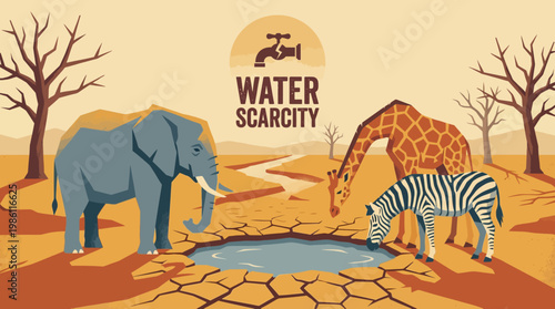 Water Scarcity: Animals Gathering at Water Hole: A poignant illustration captures the dire reality of water scarcity, featuring parched land and wildlife struggling to find water