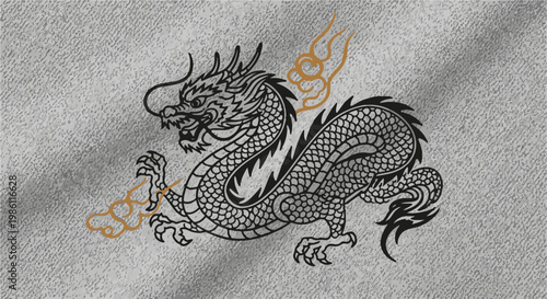 Detailed black dragon with gold accents on a textured grey background