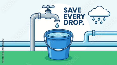 Water Conservation: A compelling illustration of a faucet dripping water into a bucket, with the text Save Every Drop, highlighting the importance of conserving water for a sustainable future.