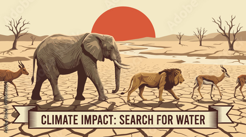 Climate Impact: Search for Water: A poignant depiction of animals, including an elephant and lion, enduring the hardships of a severe drought, vividly illustrating the impact of climate change.