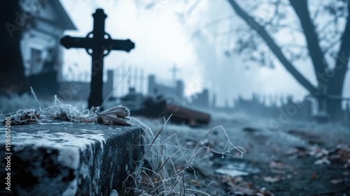 Graveyard scene with a cross on a misty morning