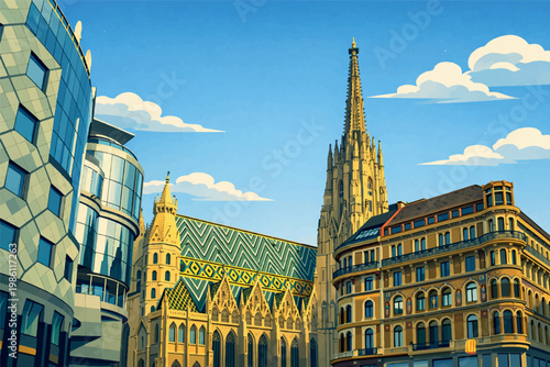 A vibrant architectural view of Vienna featuring the iconic St. Stephen’s Cathedral with its tall Gothic spire and colorful patterned roof. The historic structure is surrounded by modern buildings