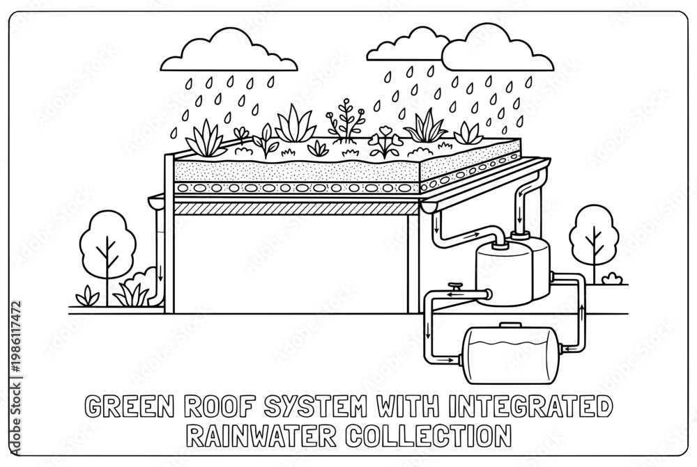 Naklejka premium Green Roof System With Integrated Rainwater Harvester Illustration.