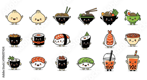 Cute Chibi Asian Food Sticker Collection - Kawaii Sushi, Ramen, Dim Sum, and Boba Tea Vector Set