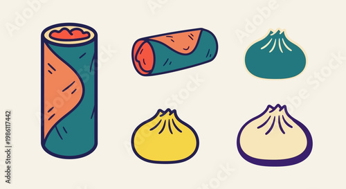 Minimalist Asian Food Icon Set, Line Art Vector Illustration of Spring Rolls, Sushi Hand Roll, and Chinese Dumplings.
