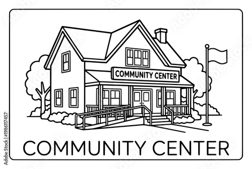 Community Center Building with Flag and Ramp Black and White Illustration.