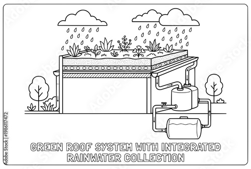 Green Roof System With Integrated Rainwater Harvester Illustration.
