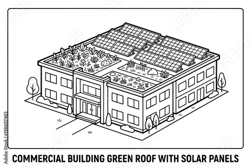 Commercial Building With Green Roof And Solar Panels.