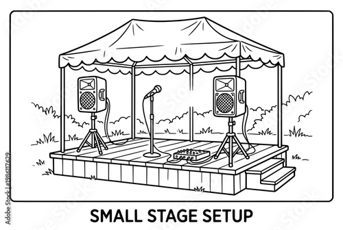 Outdoor Stage Setup with Speakers and Microphone Ready for Performance.