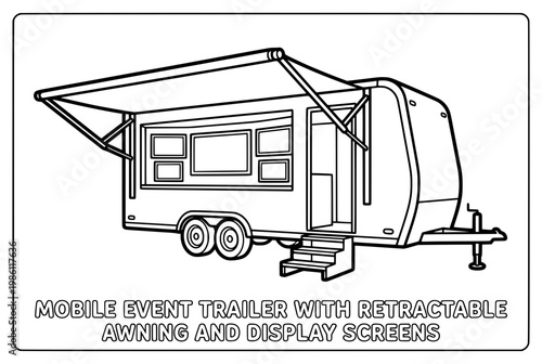 Modern Mobile Event Trailer with Retractable Awning and Display Screens.