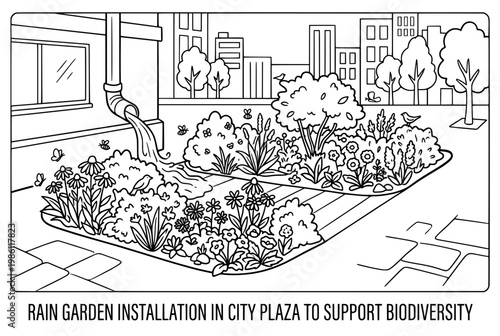 Rain Garden Installation in City Plaza Supporting Biodiversity and Nature.