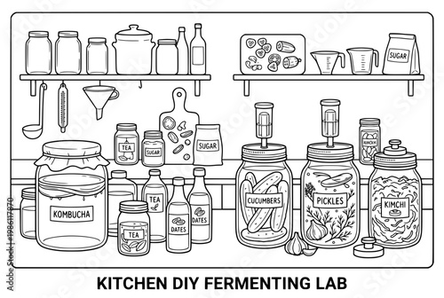 Kitchen DIY Fermenting Lab Jars Pickles Kombucha and Fermented Foods.