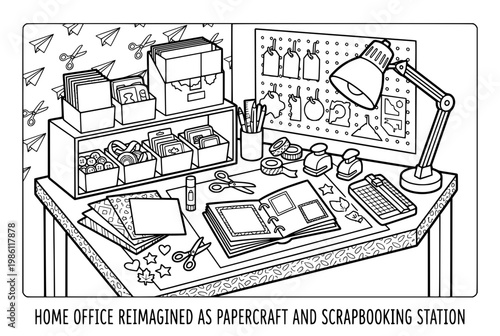 Detailed Scrapbooking and Papercraft Station with Various Supplies and Tools.