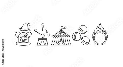 Circus icons with clown and tent.