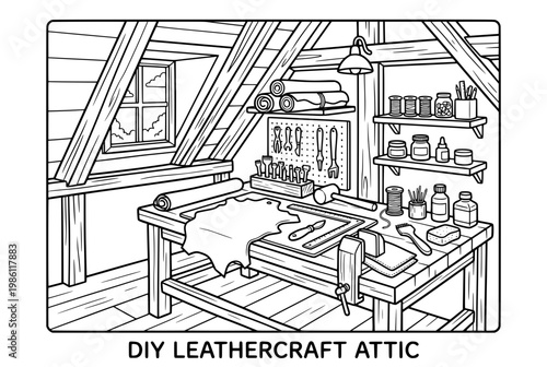 Detailed illustration of a leathercraft workshop in an attic space.