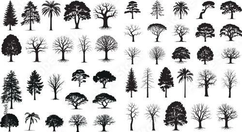 Collection of silhouetted trees diverse shapes and foliage types