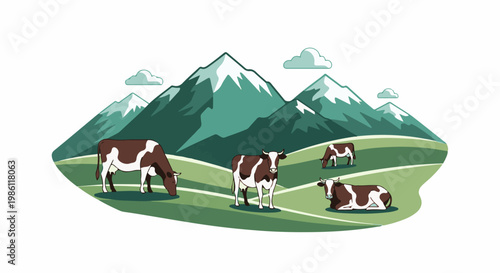 Cows graze peacefully in a scenic mountain pasture with snow-capped peaks