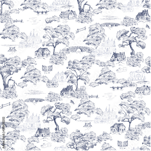 Cottages, castles among the trees, stone bridges in the pond, country blue toile de Jouy for wallpaper, fabric.