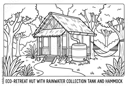 EcoRetreat Hut with Rainwater Collection Tank and Hammock.