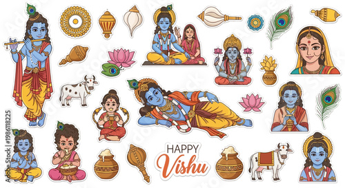 Festive vector illustrations showcasing a happy Vishu celebration, featuring various traditional Kerala cultural elements and deities arranged against a clean white background