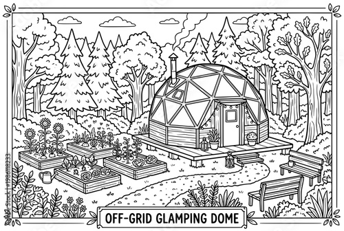 OffGrid Glamping Dome in Forest with Garden and Benches.