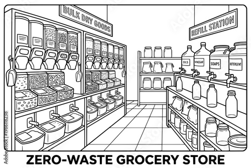 Zero Waste Grocery Store Interior with Bulk Dry Goods and Refill Station.