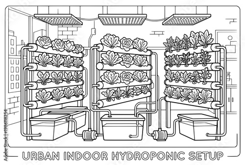 Indoor hydroponic system growing fresh vegetables in an urban environment.