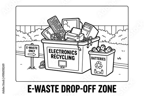 Electronics Recycling Bin Filled with Old Computer Parts and Accessories.