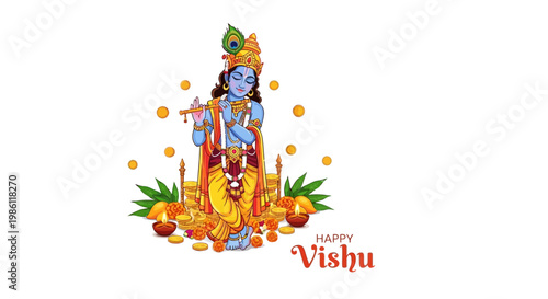 Illustrated vector art showcasing the Happy Vishu celebration with a depiction of Lord Krishna playing the flute alongside traditional Vishu Kani arrangements, set against a clean white