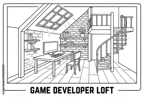 Detailed illustration of a game developers loft workspace with computer and spiral staircase.