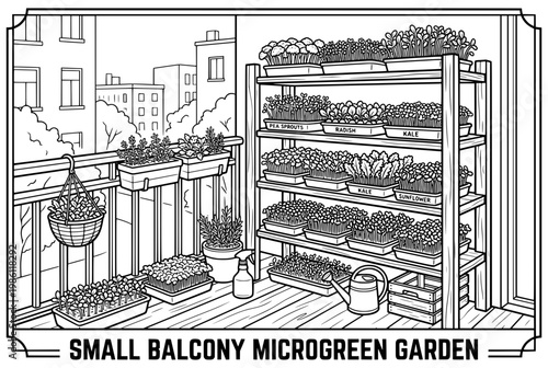 Detailed illustration of a small balcony microgreen garden with plants.
