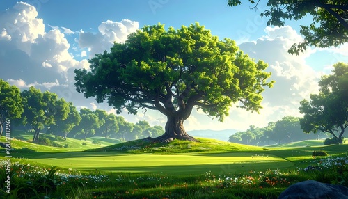 Expansive vista features a lone tree on a vibrant green hill under a bright blue sky with fluffy white clouds