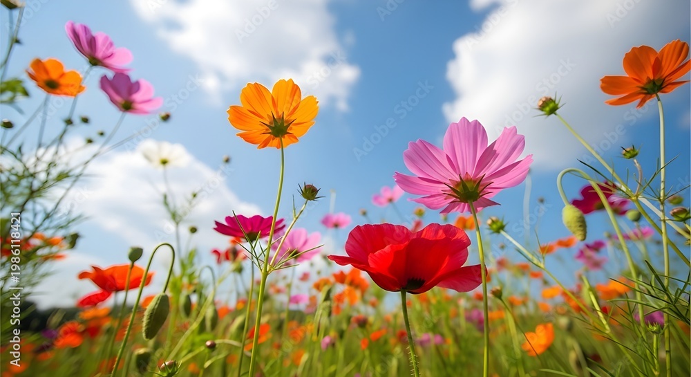 Fototapeta premium Vibrant wildflowers in bloom against a bright blue sky with fluffy white clouds a colorful meadow scene