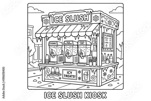 Black and White Illustration of an Ice Slush Kiosk with Icy Treats.