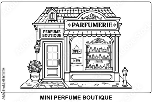 Charming Black and White Illustration of a Perfume Boutique.