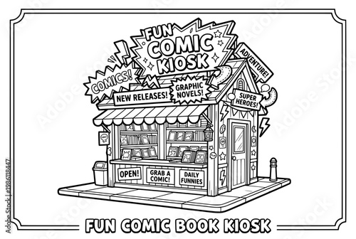 Detailed illustration of a comic book kiosk with various signs and books.
