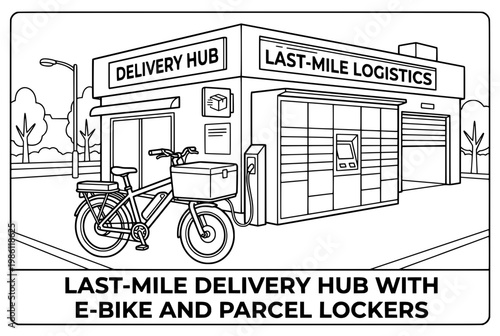 Electric Bicycle Parked Outside LastMile Delivery Hub with Parcel Lockers.