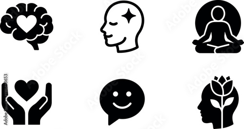 Black and white mental health and mindfulness icons set