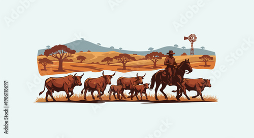 Cowboy herding cattle across a dry, savanna landscape with trees and windmill