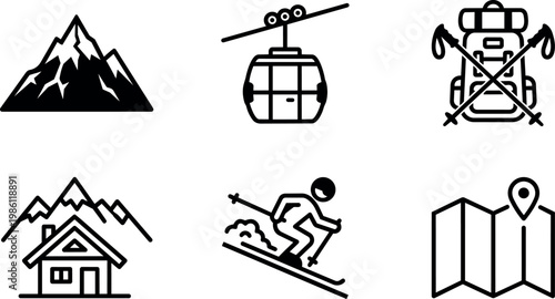 Black and white ski resort mountain cabin skier cable car map icons