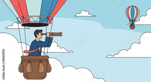 Professional businessman in a hot air balloon uses a telescope to observe a distant competitor balloon to illustrate market research and strategy.
