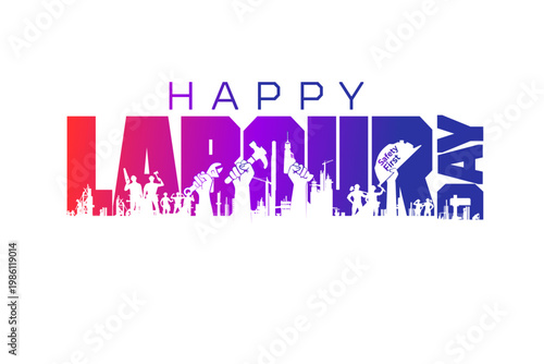 Картината върху платно Logo unit for Happy Labour Day featuring workers and a construction background vector illustration