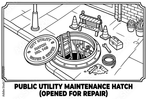 Open Manhole Cover for City Utility Maintenance and Repair Work.