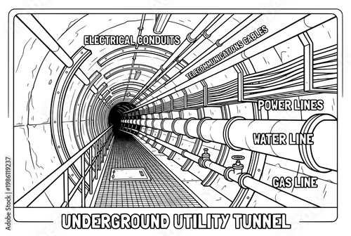 Detailed Illustration of an Underground Utility Tunnel with Pipes and Cables.