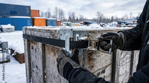 Hands securing crate with black strap outdoors in snowy industrial area with stacked containers and winter trees in background, showing cold weather work environment