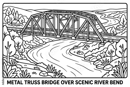 Black and White Illustration of a Metal Truss Bridge Crossing the River.
